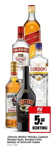 Jumbo Johnnie Walker Whisky, Captain Morgan Rum, Gordon's Gin, Baileys of Smirnoff Vodka aanbieding