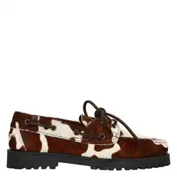 Wehkamp Sacha leren bootschoenen met ponyhair en koeienprint bruin/ecru aanbieding