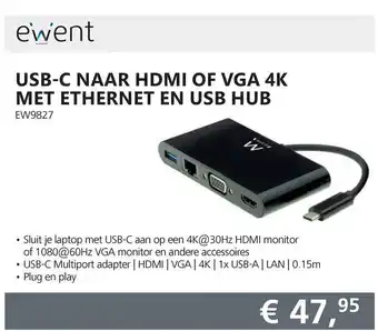 Informatique Ewent USB-C Naar HDMI of VGA 4K met ethernet en USB HUB EW9827 aanbieding