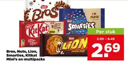 PLUS Bros, Nuts, Lion, Smarties, Kitkat Mini's en multipacks aanbieding