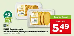 PLUS PLUS Boerentrots Kipschnitzels, -burgers en -cordon bleu's aanbieding