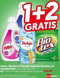 Dekamarkt Omo, Biotex of Robijn wasverzachter of wasparfum aanbieding