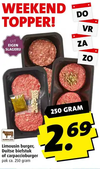 Discus Limousin burger, Duitse biefstuk of carpaccioburger aanbieding