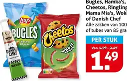 Hoogvliet Alle Bugles, Hamka's, Cheetos, Ringling Mama Mia's, Wok of Danish Chef aanbieding