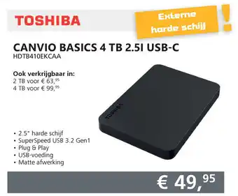 Informatique TOSHIBA Canvio Basics 4 TB 2.51 USB-C HDTB410EKCAA aanbieding