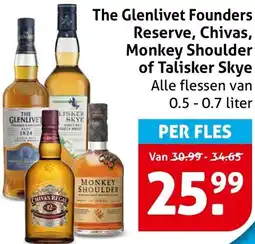 Hoogvliet The Glenlivet Founders Reserve, Chivas, Monkey Shoulder of Talisker Skye aanbieding