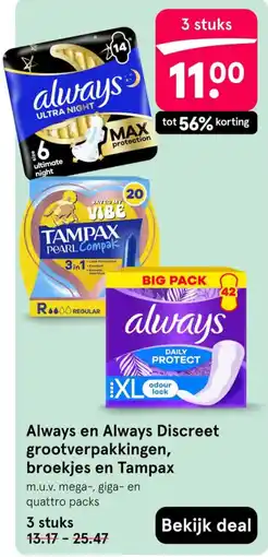 Etos Always en Always Discreet grootverpakkingen, broekjes en Tampax aanbieding