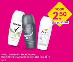 DA Dove, Dove Men +Care en Rexona Deoroller classic, classic fresh of aloë vera 50 ml aanbieding