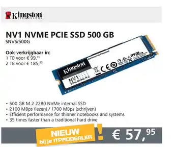 Informatique Kingston Technology NV1 NVME PCIE SSD 500 GB SNVS/500G aanbieding