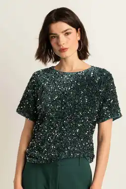 Wehkamp Expresso glitter top donkergroen met pailletten aanbieding