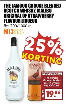 De Boerenschuur the famous grouse blended scotch whisky, malibu original of strawberry flavour liqueur aanbieding