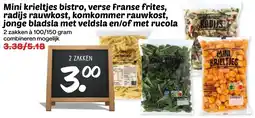 De Boerenschuur mini krieltjes bistro, verse franse frites, radijs rauwkost, komkommer rauwkost, jonge bladsla met veldsla en/of met rucola aanbieding