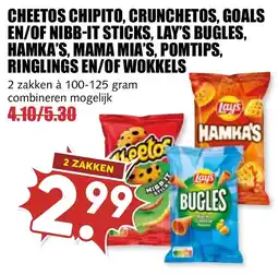 De Boerenschuur Cheetos chipito, crunchetos, goals en/of nibb-it sticks, lay's bugles, hamka's, mama mia's, pomtips, ringlings en/of wokkels aanbieding
