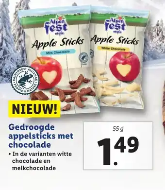 Lidl Gedroogde appelsticks met chocolade 55g aanbieding