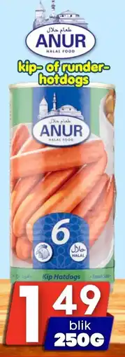 Özbaktat Supermarkt anur kip- of runder-hotdogs aanbieding