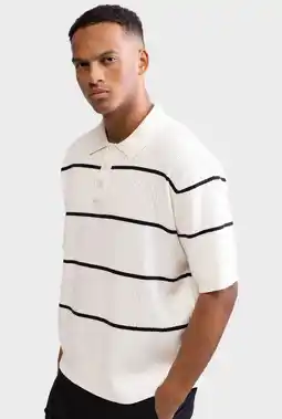 Wehkamp Redefined Rebel oversized gebreide gestreepte polo - wit aanbieding