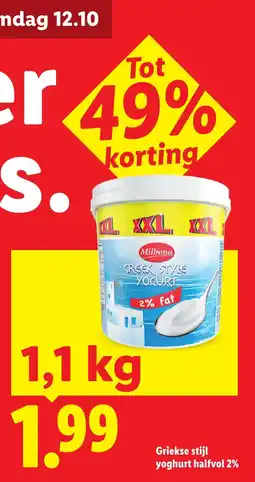 Lidl Milbona Griekse stijl yoghurt halfvol 2% aanbieding