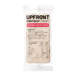 PLUS Upfront Eiwitreep Crispy Framboos Witte Choco aanbieding