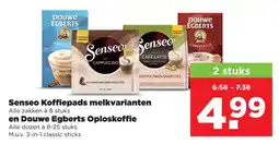 PLUS Senseo Koffiepads melkvarianten en Douwe Egberts Oploskoffie aanbieding