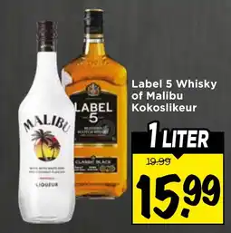 Vomar Voordeelmarkt Label 5 Whisky of Malibu Kokoslikeur aanbieding