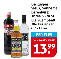 Hoogvliet De Kuyper vieux, Sonnema Berenburg, Three Sixty of Clan Campbell aanbieding