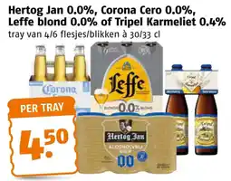 Poiesz Hertog Jan 0.0%, Corona Cero 0.0%, Leffe blond 0.0% of Tripel Karmeliet 0.4% aanbieding