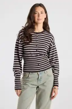 Wehkamp America Today gebreid gestreept vest met wol - bruin/roze aanbieding