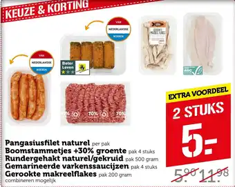 Coop Pangasiusfilet naturel, boomstammetjes +30% groente, rundergehakt naturel/gekruid 500g gemarineerde varkenssaucijzen, aanbieding