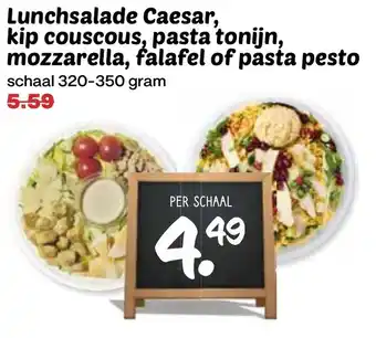 Lunchsalade Caesar, kip couscous, pasta tonijn, mozzarella, falafel of pasta pesto