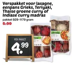 De Boerenschuur Verspakket voor lasagne, eenpans Grieks, Teriyaki, Thaise groene curry of Indiase curry madras aanbieding