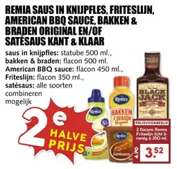De Boerenschuur Remia saus in knijpfles, friteslijn, american bbq sauce, bakken & braden original en/of satésaus kant & klaar aanbieding