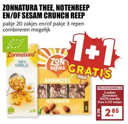 De Boerenschuur Zonnatura thee, notenreep en/of sesam crunch reep aanbieding