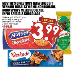De Boerenschuur McVitie's Digestives tarwebiscuit, Verkade Dubai Style melkchocolade, Nobo Sprits melkchocolade en/of Specials Chocolade aanbieding