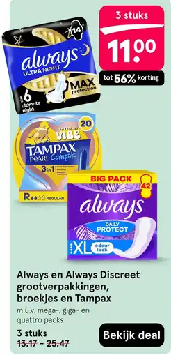 Etos Always en Always Discreet grootverpakkingen, broekjes en Tampax aanbieding
