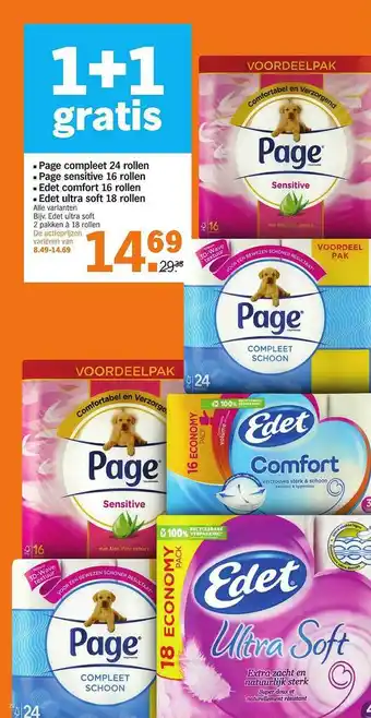 Albert Heijn Page Compleet 24 Rollen, Page Sensitive 16 Rollen, Edet Comfort 16 Rollen Of Edet Ultra Soft 18 Rollen 1+1 Gratis aanbieding