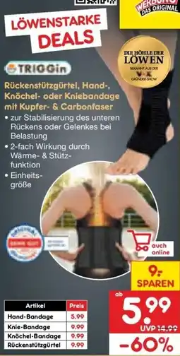 Netto Marken-Discount DE Trio gin Rückenstützgürtel, Hand Knöchel- oder Kniebandage mit Kupfer- & Carbonfaser aanbieding
