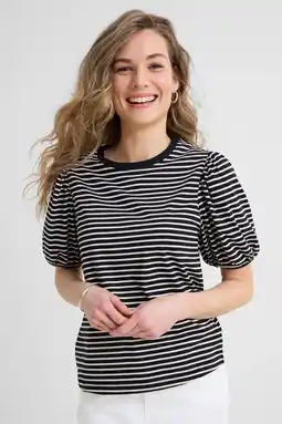 Wehkamp Anytime T-shirt met pofmouwen gestreept zwart/beige aanbieding