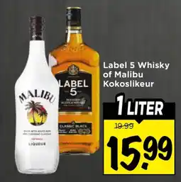 Vomar Voordeelmarkt Label 5 Whisky of Malibu Kokoslikeur aanbieding