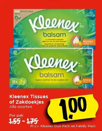 Vomar Voordeelmarkt Kleenex Tissues of Zakdoekjes alle soorten per pak aanbieding