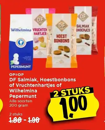 Vomar Voordeelmarkt DF Salmiak, Hoestbonbons of Vruchtenhartjes of Wilhelmina Pepermunt alle soorten 200 gram 2 stuks aanbieding