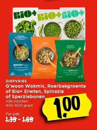 Vomar Voordeelmarkt G'woon Wokmix, Roerbakgroente of Bio+ Erwten, Spinazie of Sperziebonen alle soorten 450-600 gram aanbieding