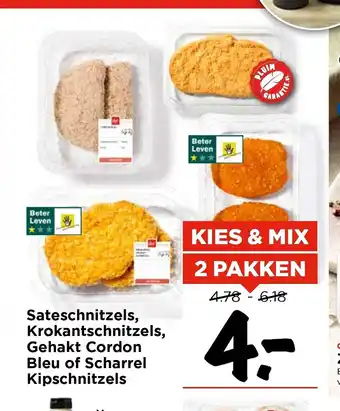 Vomar Voordeelmarkt Sateschnitzels, Krokantschnitzels, Gehakt Cordon Bleu of Scharrel Kipschnitzels 2 pakken aanbieding