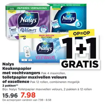 PLUS Nalys Keukenpapier met vochtvangers toiletpapier maxivellen velours aanbieding