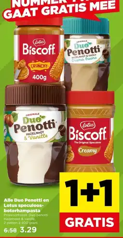 PLUS Alle Duo Penotti en Lotus speculoos-boterhampasta aanbieding