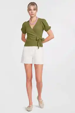 Wehkamp Anytime crinkle overslagtop met pofmouwen olijfgroen aanbieding