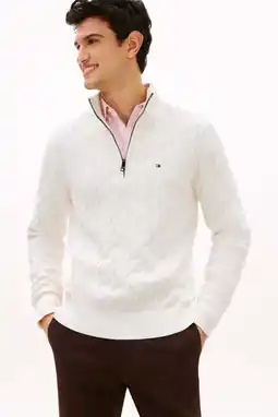 Wehkamp Tommy Hilfiger katoenen regular fit gebreide trui met kabels - ivory petal aanbieding