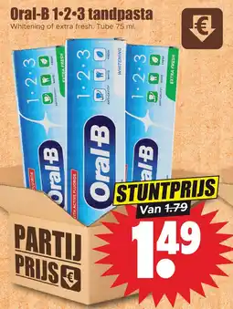 Dirk Oral-B 1·2·3 tandpasta Whitening of extra fresh. Tube 75 ml. aanbieding