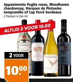 Poiesz Appasimento Puglia rosso, Woodhaven chardonnay, Marques de Pintueles tempranillo of Cap Ferré bordeaux aanbieding