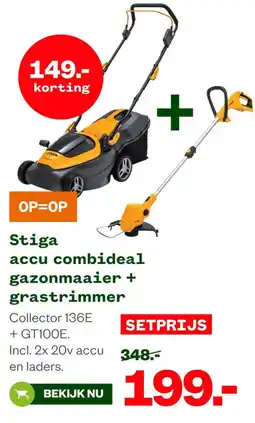 Welkoop Stiga accu combideal gazonmaaier + grastrimmer aanbieding