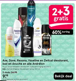 Etos Axe, Dove, Rexona, Vaseline en Zwitsal deodorant, bad en douche en alle Andrélon aanbieding